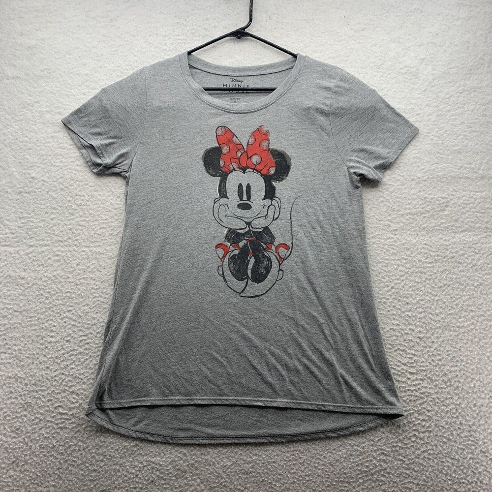 Disney Minnie Mouse T-Shirt Womens XL X-Large V-Neck Heather Gray Cute Bow Smile
